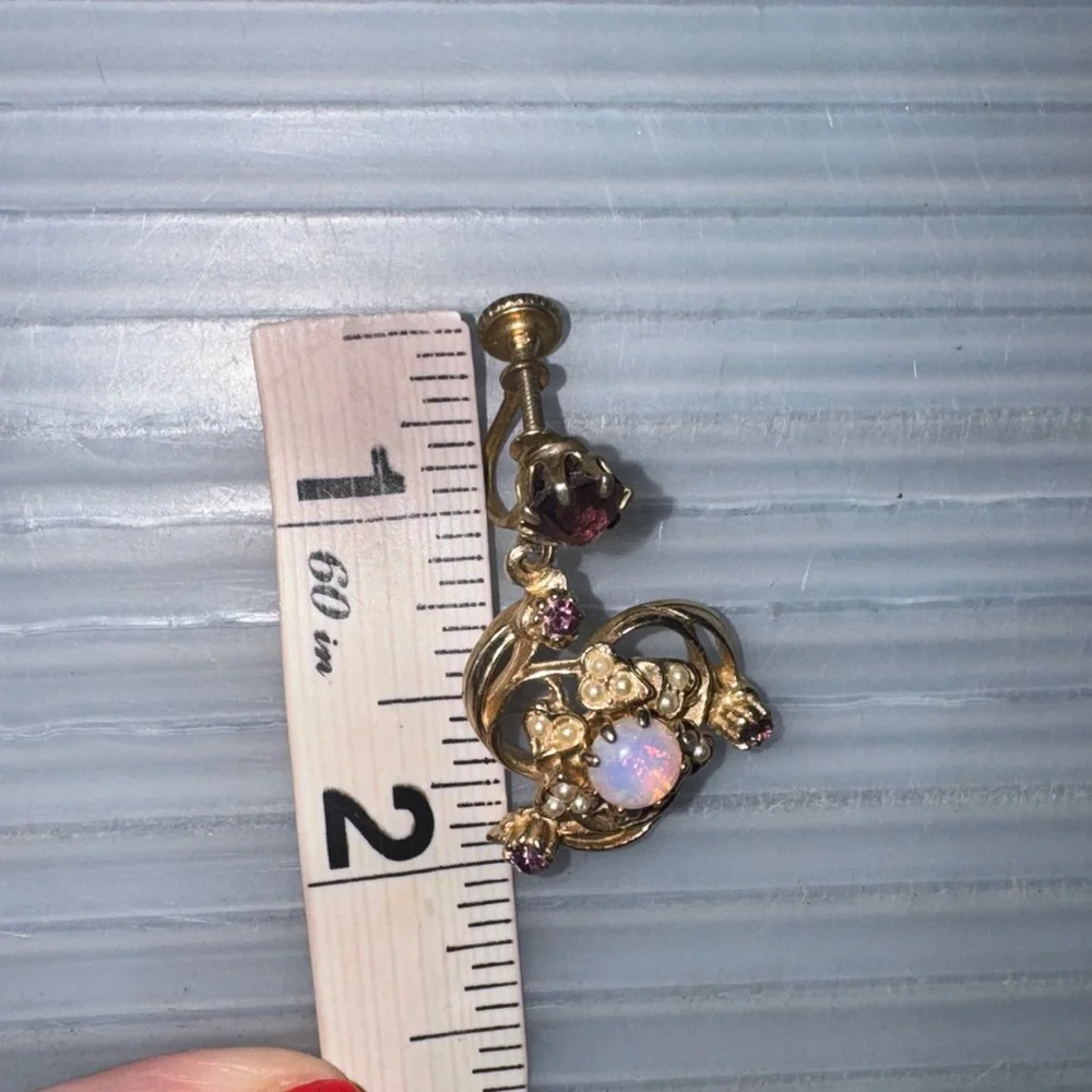 Vintage Opal Glass Rhinestone Faux Pearl Screw-Back Dangle Earrings Gold Tone